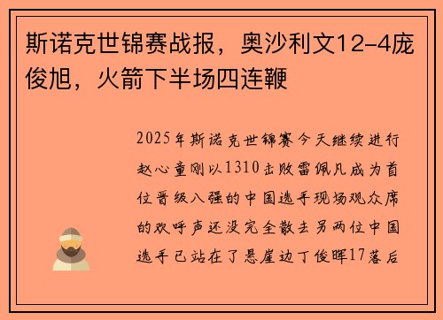 斯诺克世锦赛战报，奥沙利文12-4庞俊旭，火箭下半场四连鞭