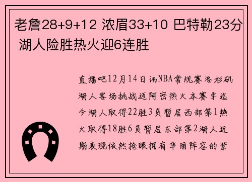 老詹28+9+12 浓眉33+10 巴特勒23分 湖人险胜热火迎6连胜